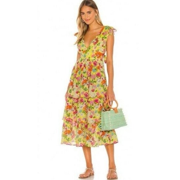Banjanan Sierrea Dress Fiesta Buttercup Yellow Floral Tie Back Maxi L NWT $385 - Picture 2 of 5